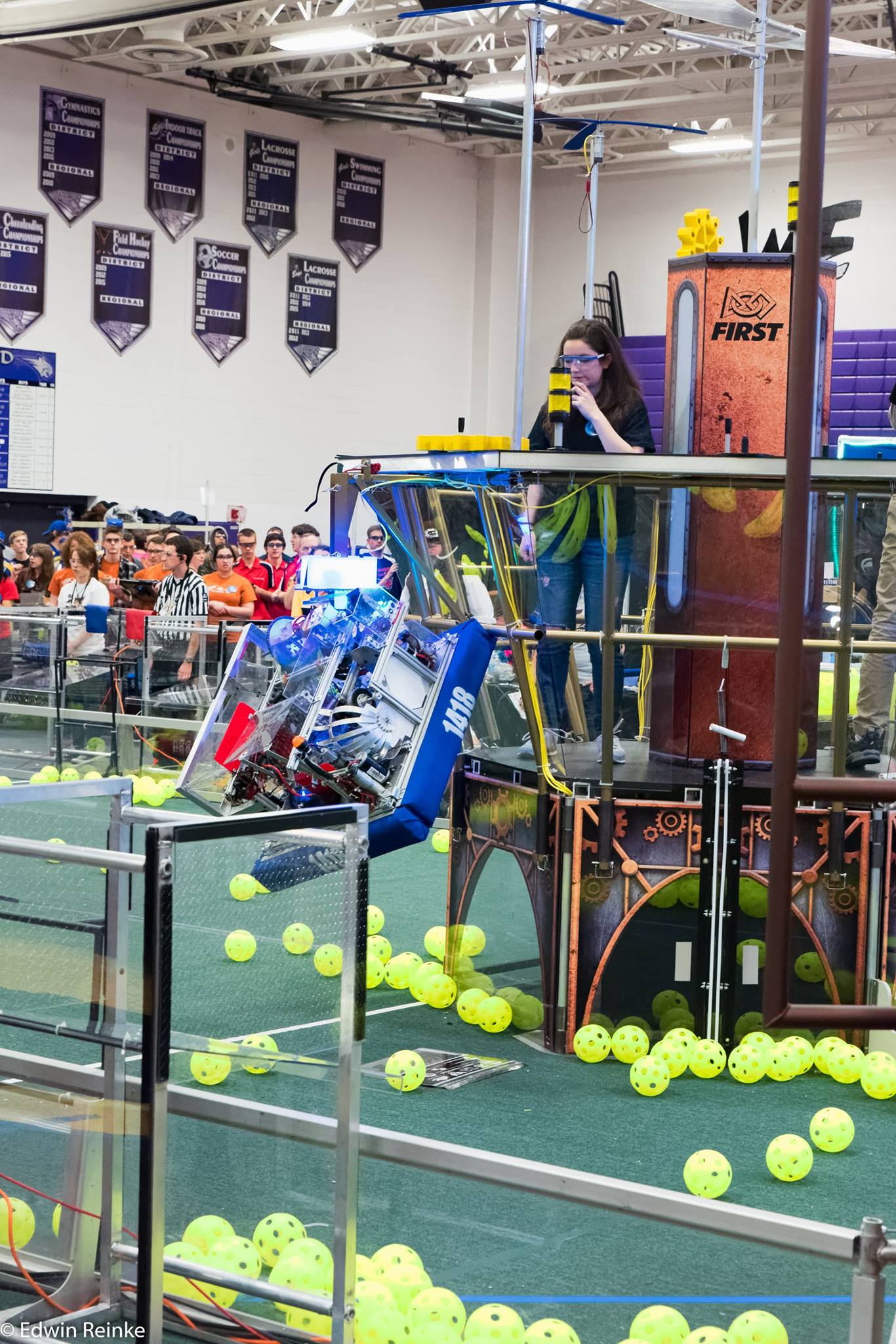 Our human player looking at our robot after a successful climb.